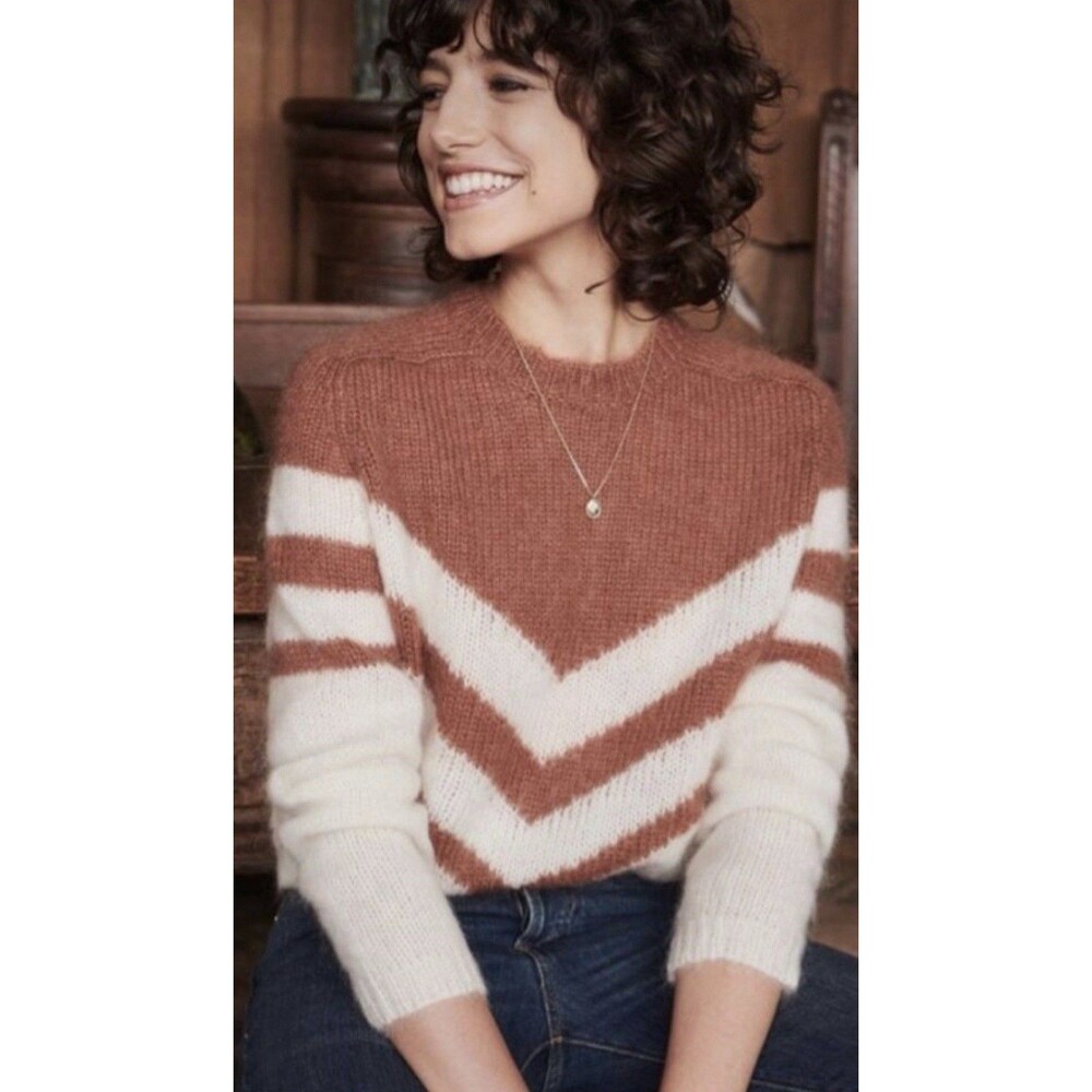 EUC Sezane Joy Mohair Wool Chevron Sweater Brown Ecru Small